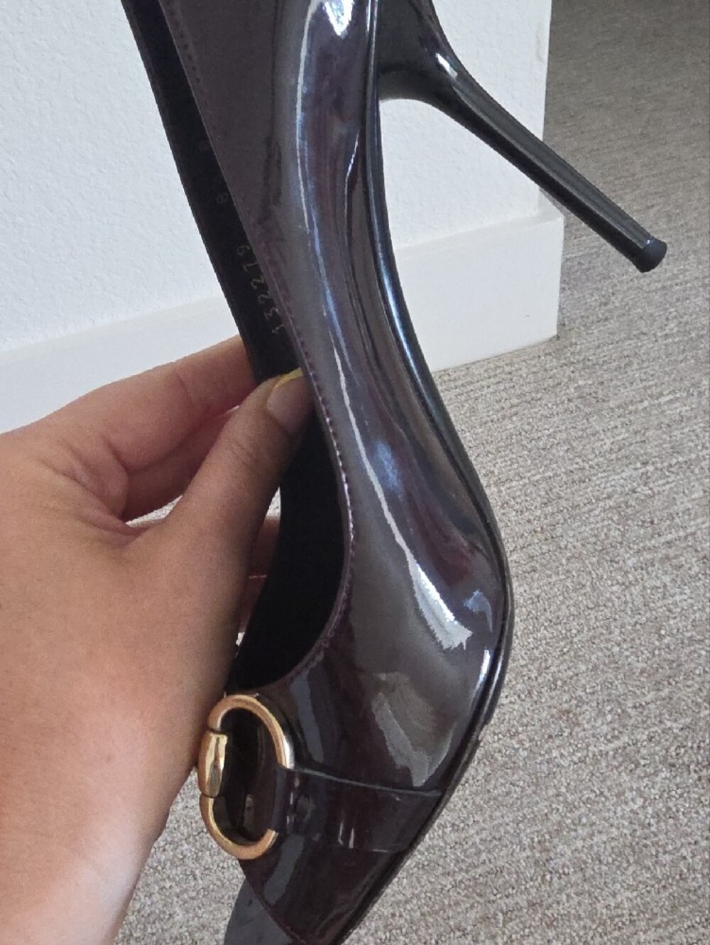 Gucci Patent Leather Peep-Toe Pumps with Gold Horsebit - Deep Purple - Picture 10 of 10